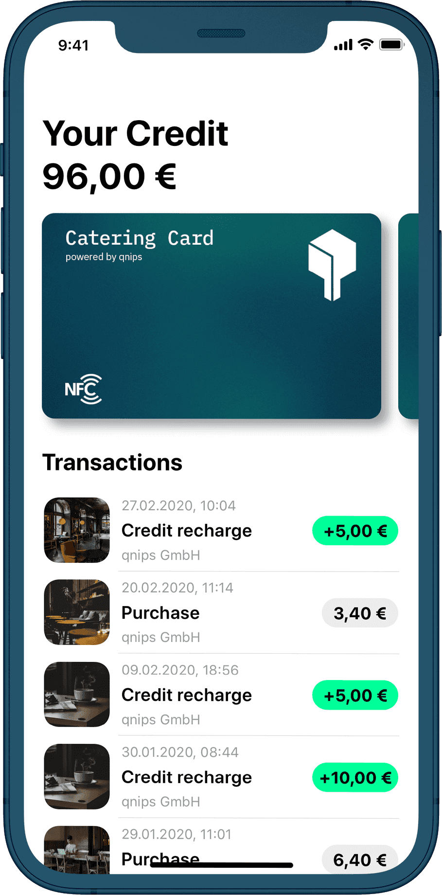 Mobile phone, view of the user's balance, credit balance is 96€, most recent transactions are listed