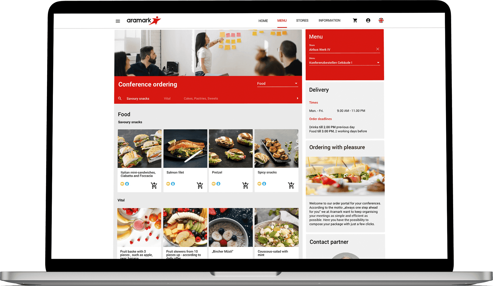 Laptop, view, aramark catering portal with the conference ordering tool and an overview of the dishes that can be ordered