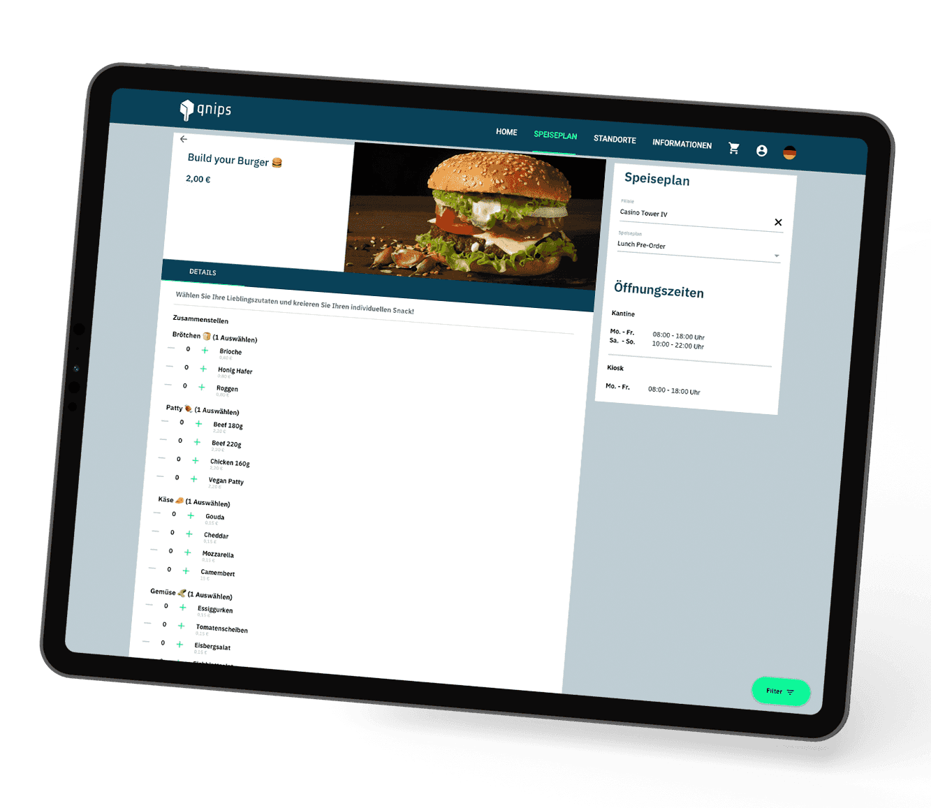 Tablet, Ansicht der Auswahlmöglichkeiten an Zutaten für den Burger, zusammen mit der Speiseplanauswahl sowie der Öffnungszeiten Rubrik