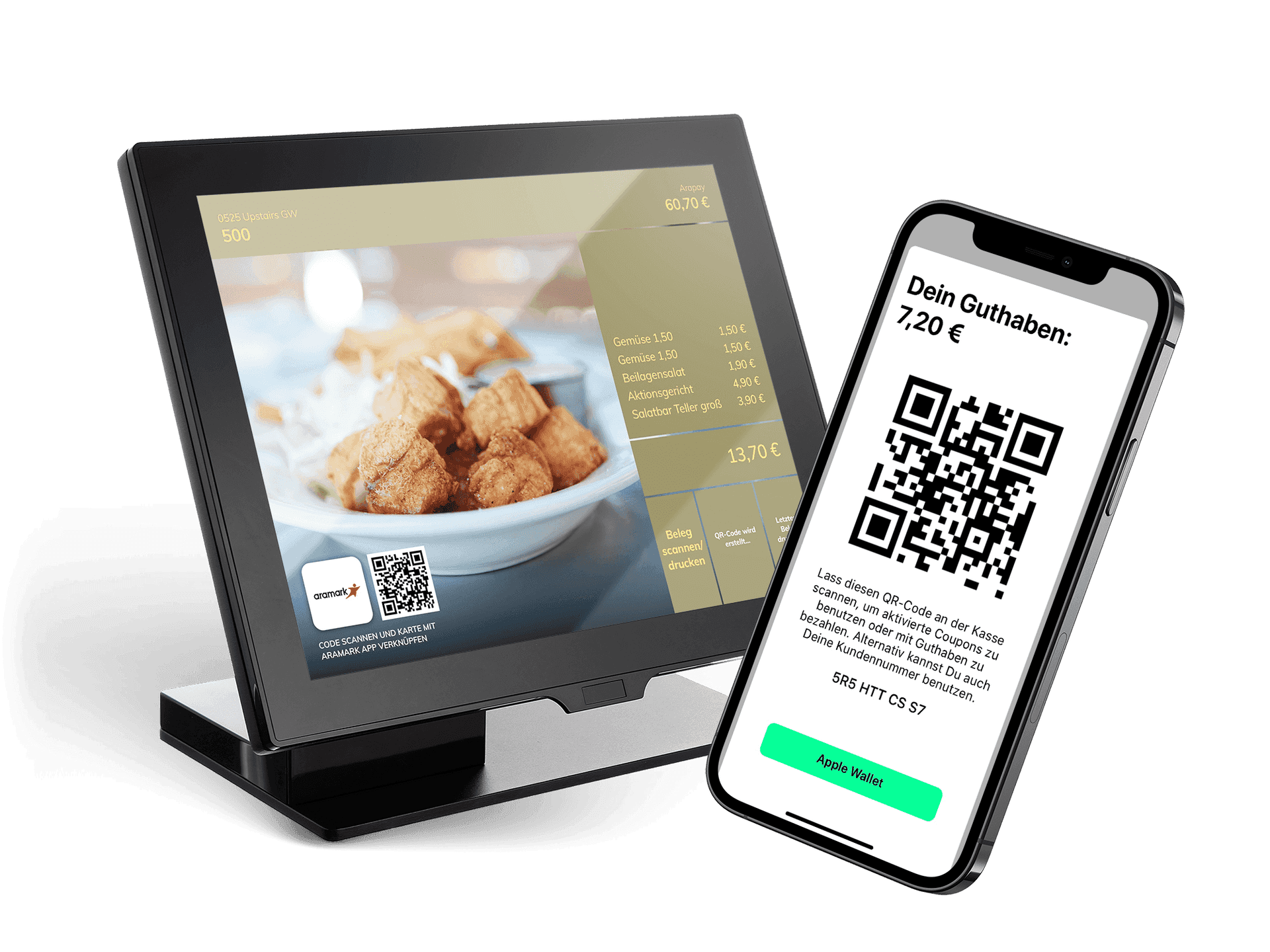 Kassenbildschrim und Handy, Ansicht auf dem Handy von einem QR-Code mit dem Guthaben in dem Catering Portal, auf dem Kassenbildschirm der Inhalt des Warenkorbs mit den bestellten Artikeln