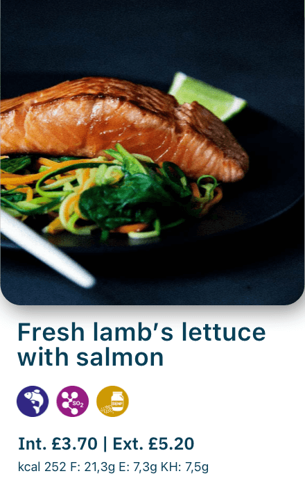 Vertical view of a menu for lamb's lettuce with salmon