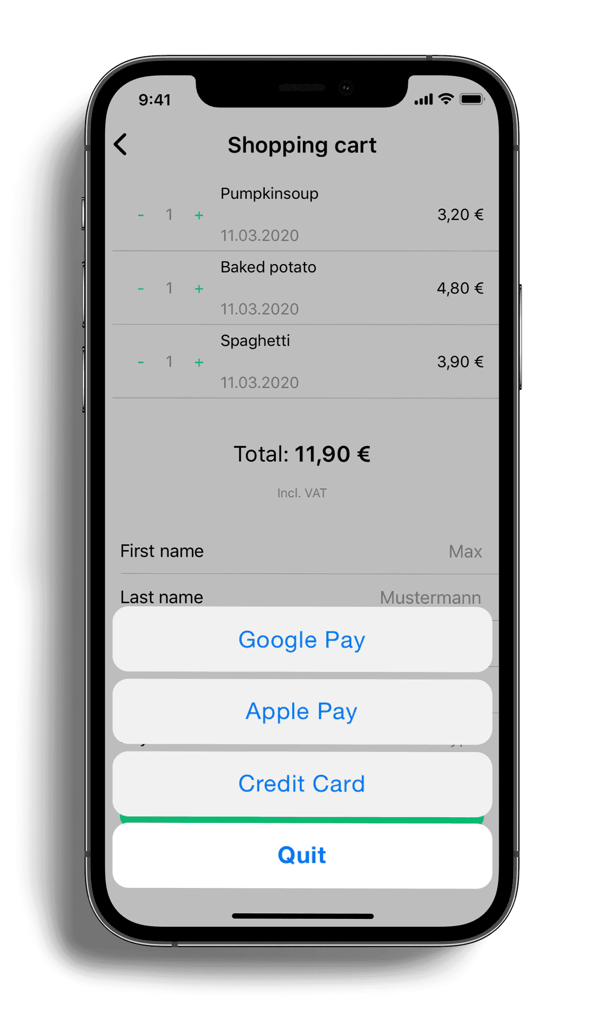 Mobile phone, view of payment options on the catering portal, on the present view choice between Google Pay, Apple Pay or credit card