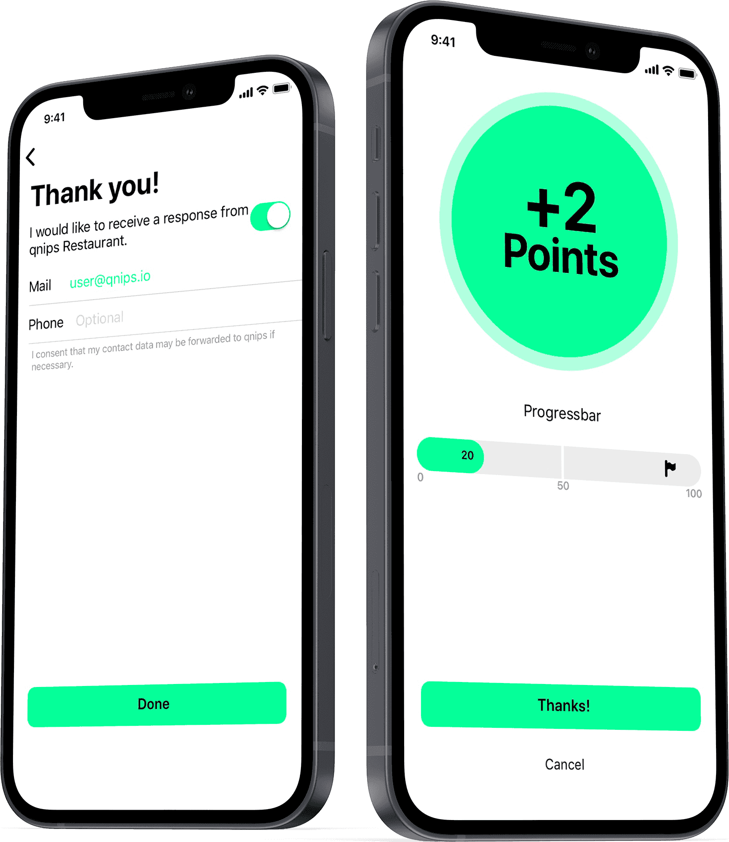 View of 2 mobile phones, 1st mobile phone: registration process for the loyalty system in order to be able to use the loyalty points function, 2nd mobile phone: progress bar showing how many loyalty points have been collected so far
