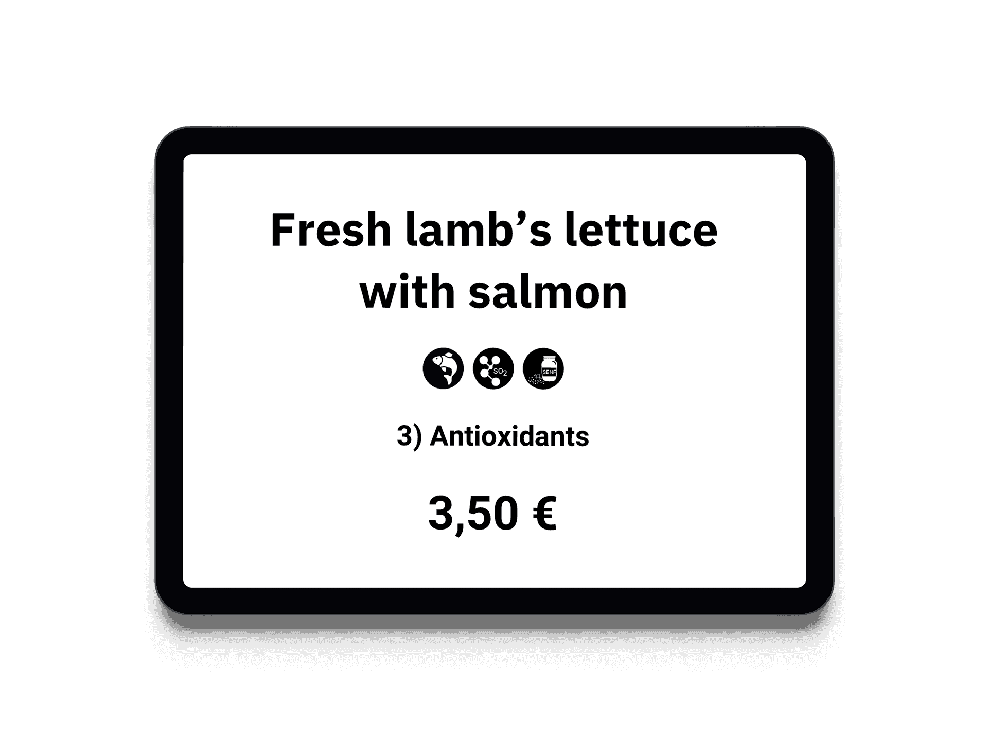 ePaper display view of the dish "Fresh lamb's lettuce with salmon", with allergen label and price of the dish
