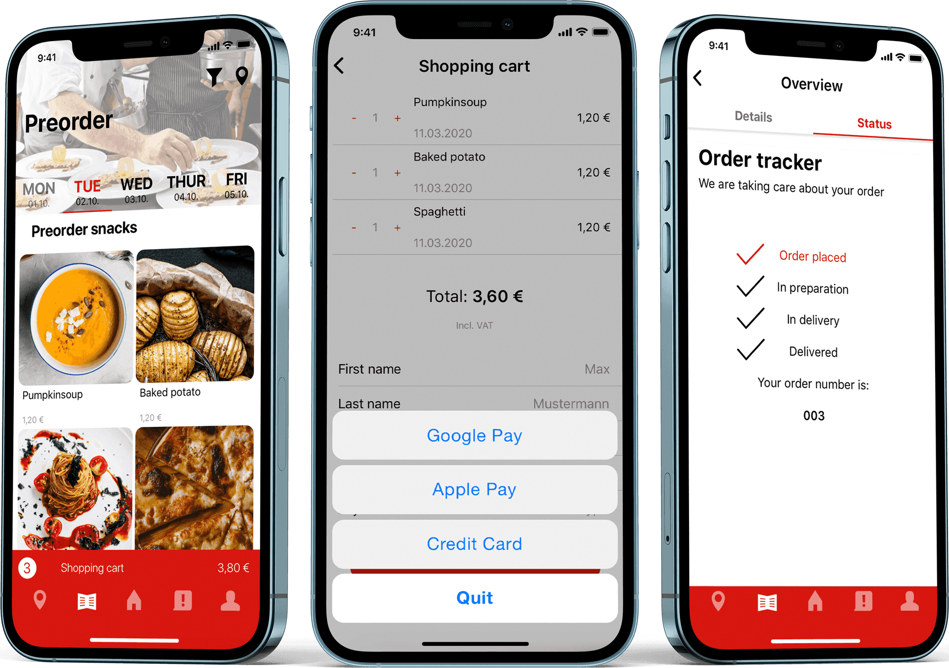 View of 3 mobile phones side by side, 1st mobile phone: pre-order page of the catering portal, 2nd mobile phone: payment options on the catering portal, choice between Google Pay, Apple Pay or credit card, 3rd mobile phone: order status