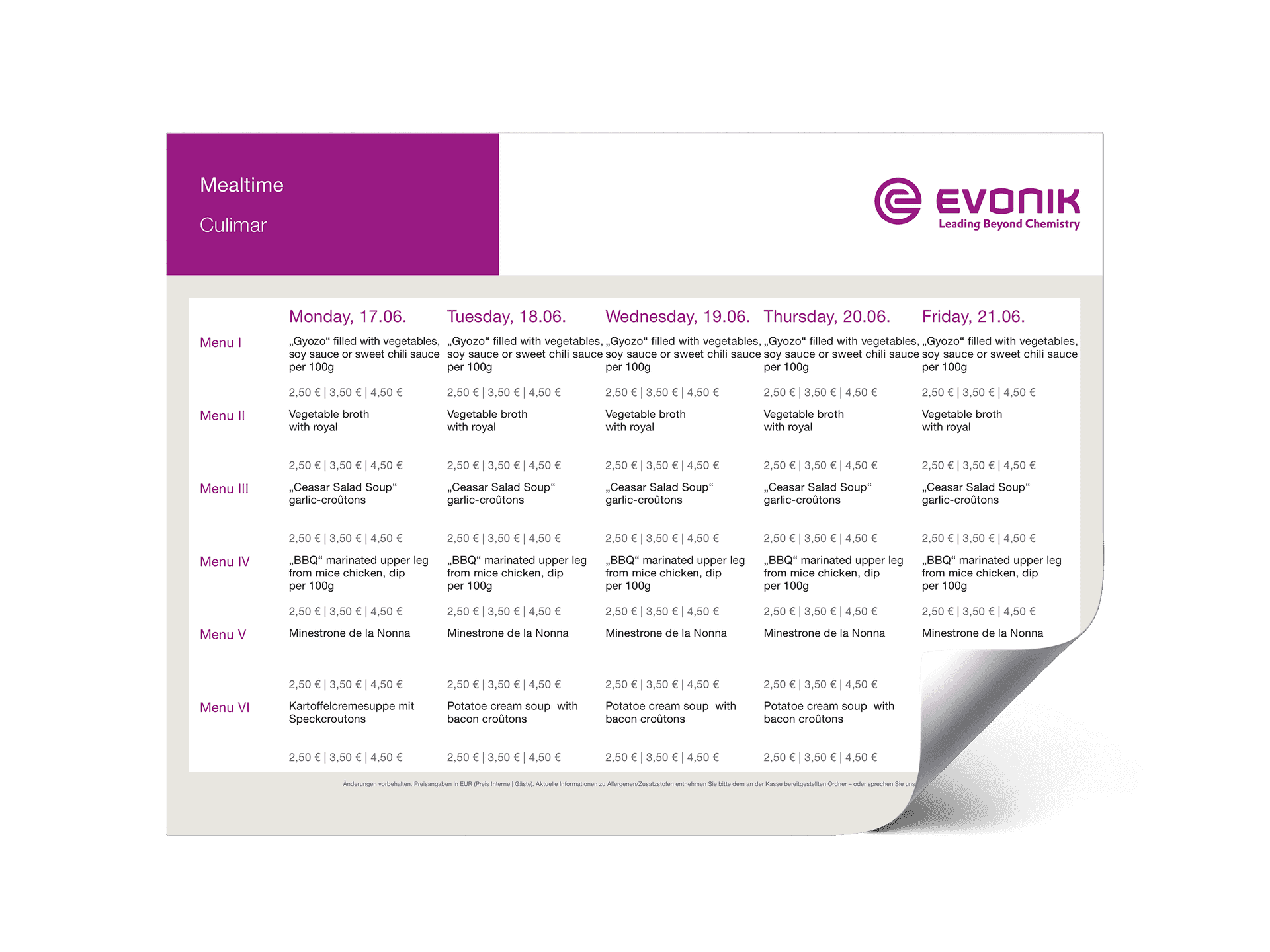 PDF Menu plan of one week from the company Evonik with the dishes and prices