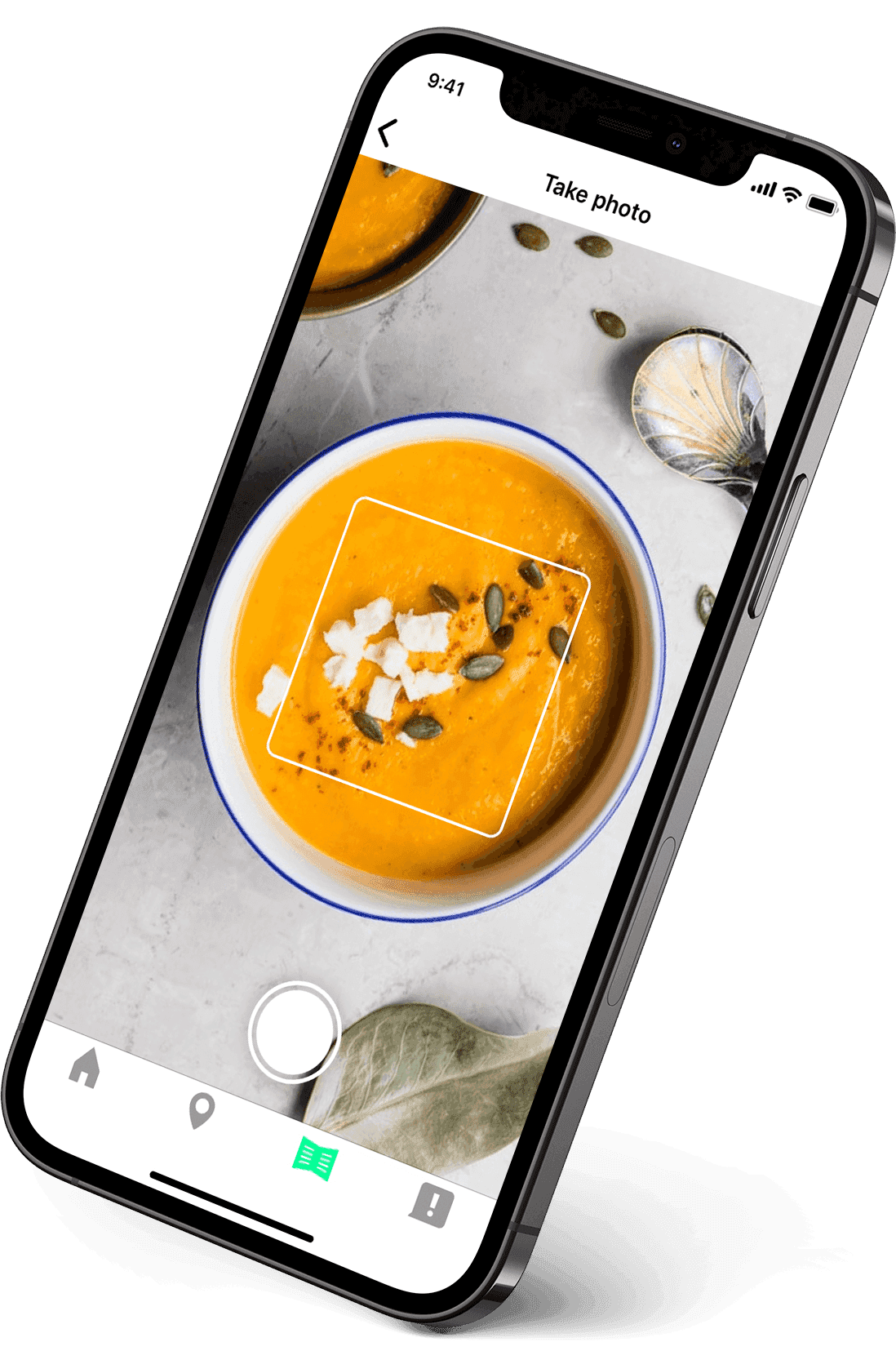 Mobile phone, view of the photo function of the catering app, photo is taken of a soup