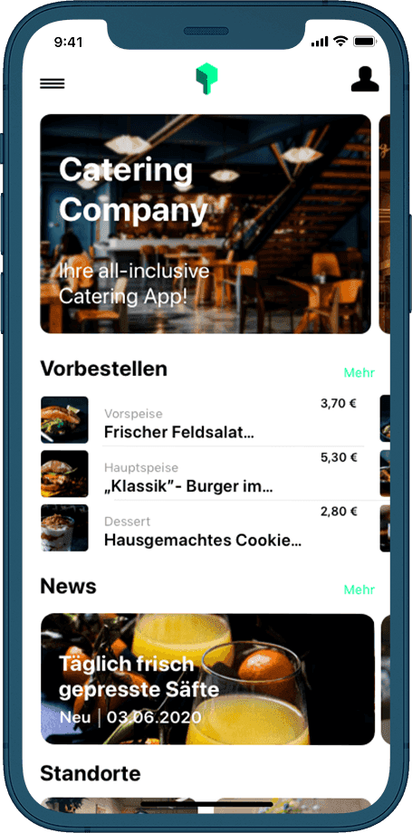 Handy, Ansicht von 3 Features der Catering App: Vorbestellen, News und Standorte